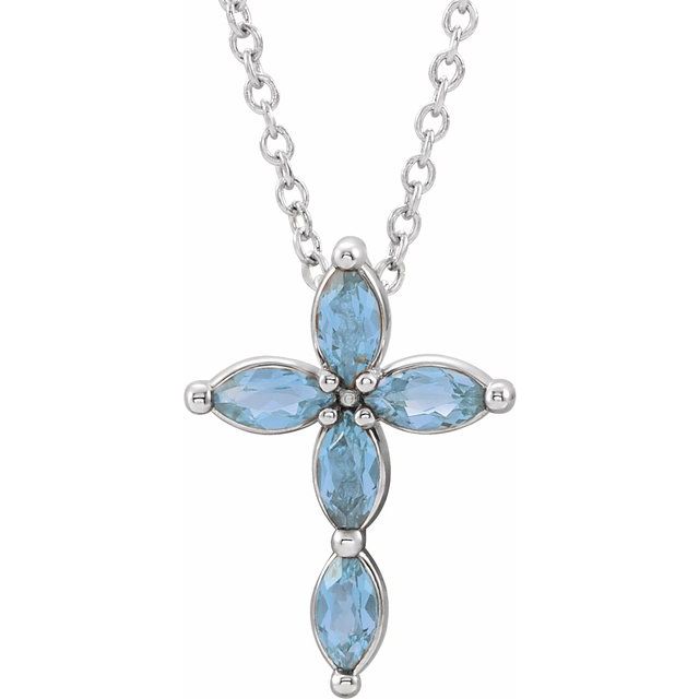 Sterling Silver Natural Aquamarine Cross 16-18" Necklace