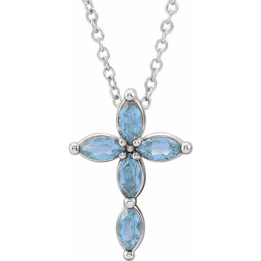 Sterling Silver Natural Aquamarine Cross 16-18" Necklace