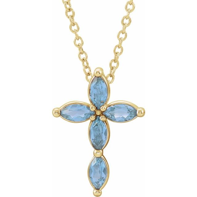 14K Yellow Gold Natural Aquamarine Cross 16-18" Necklace