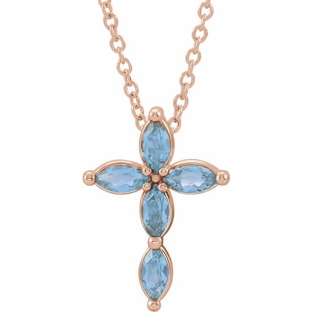 14K Rose Gold Natural Aquamarine Cross 16-18" Necklace