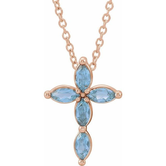 14K Rose Gold Natural Aquamarine Cross 16-18" Necklace
