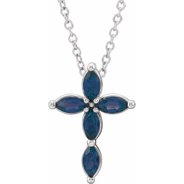 Sterling Silver Natural Blue Sapphire Cross 16-18" Necklace