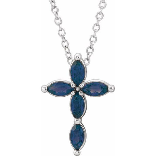 Sterling Silver Natural Blue Sapphire Cross 16-18" Necklace