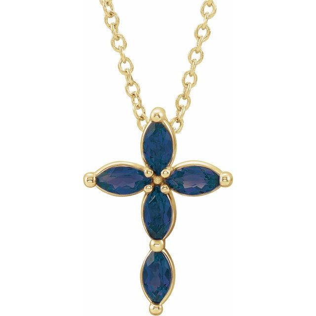 14K Yellow Gold Natural Blue Sapphire Cross 16-18" Necklace