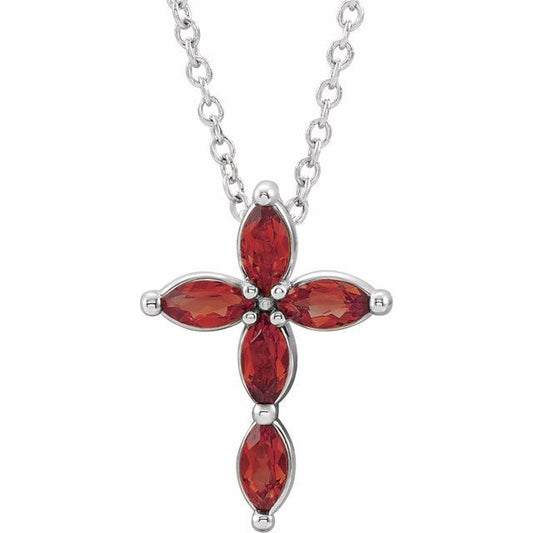 14K White Gold Natural Mozambique Garnet Cross 16-18" Necklace
