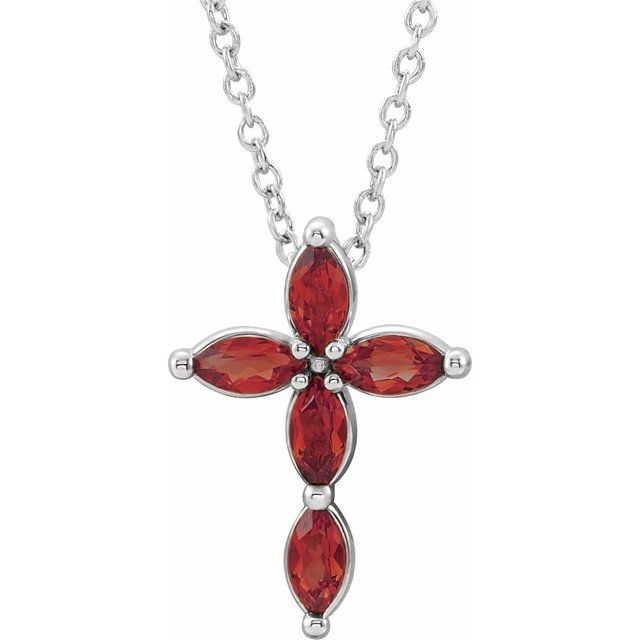 Sterling Silver Natural Mozambique Garnet Cross 16-18" Necklace