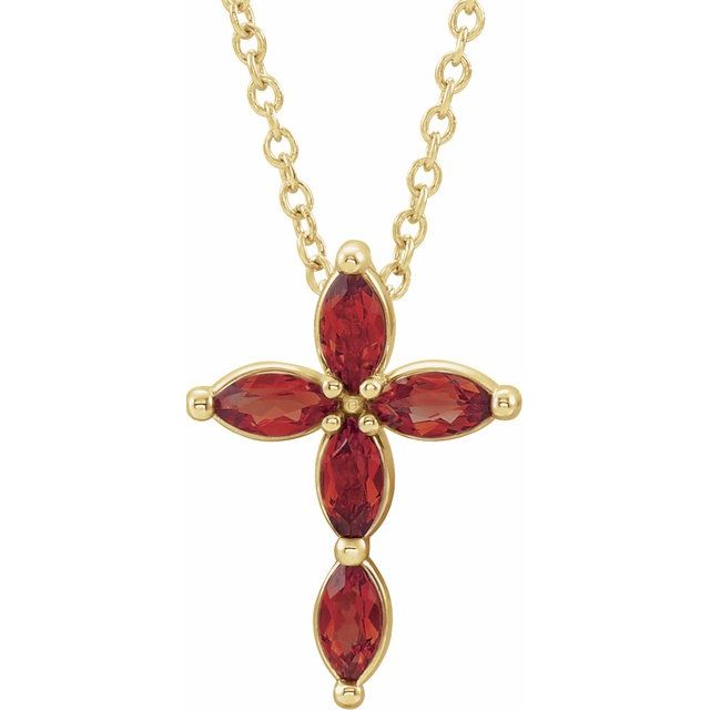 14K Yellow Gold Natural Mozambique Garnet Cross 16-18" Necklace