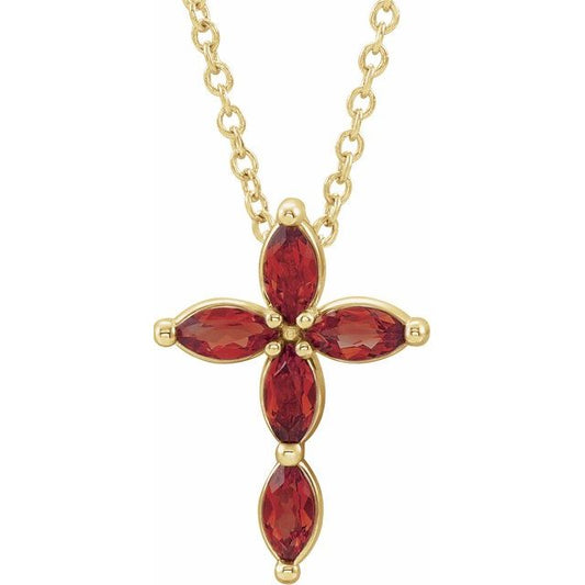 14K Yellow Gold Natural Mozambique Garnet Cross 16-18" Necklace