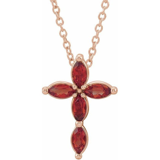 14K Rose Gold Natural Mozambique Garnet Cross 16-18" Necklace