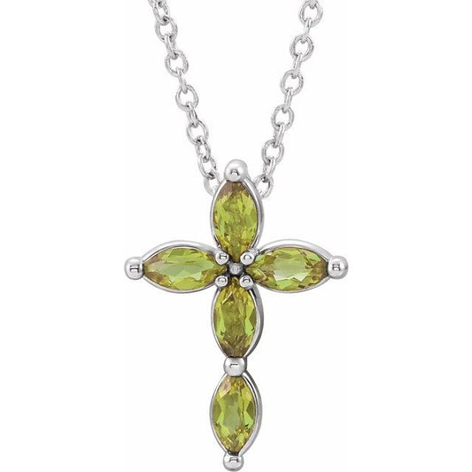Sterling Silver Natural Peridot Cross 16-18" Necklace