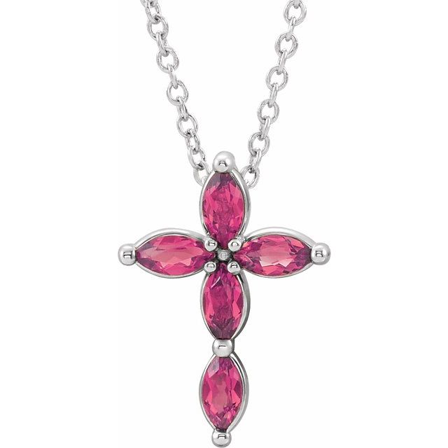 14K White Gold Natural Pink Tourmaline Cross 16-18" Necklace