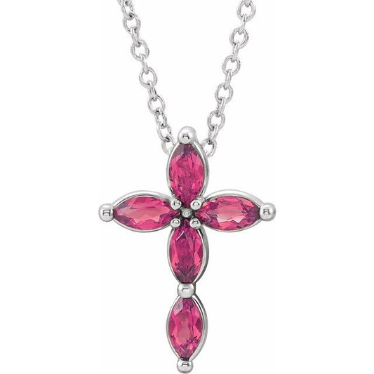 Sterling Silver Natural Pink Tourmaline Cross 16-18" Necklace