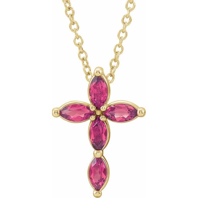 14K Yellow Gold Natural Pink Tourmaline Cross 16-18" Necklace