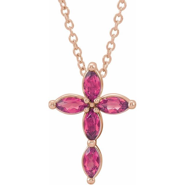 14K Rose Gold Natural Pink Tourmaline Cross 16-18" Necklace
