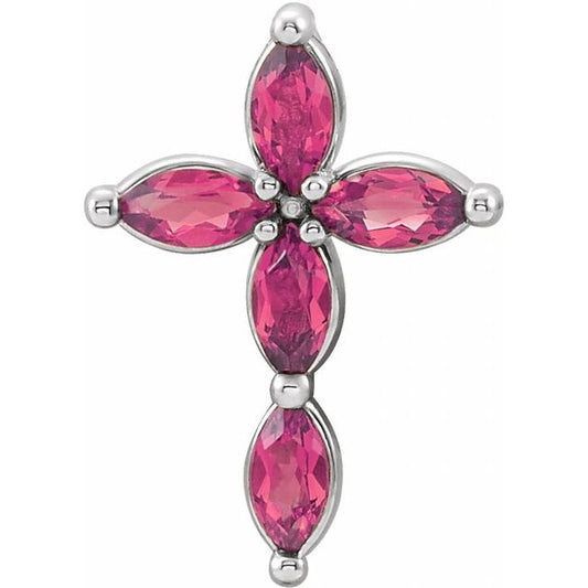 14K White Gold Natural Pink Tourmaline Cross Pendant