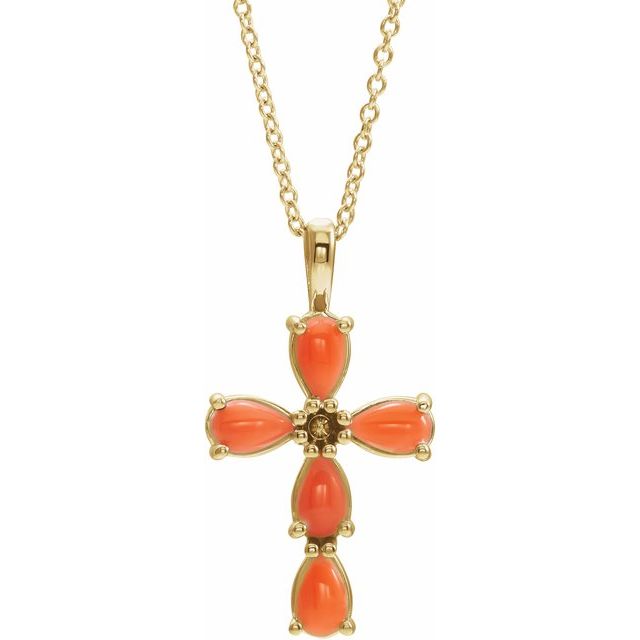 14K Yellow Gold Natural Pink Coral Cabochon Cross 16-18" Necklace