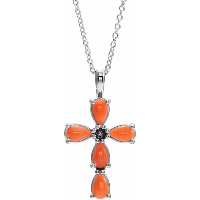Sterling Silver Natural Pink Coral Cabochon Cross 16-18" Necklace