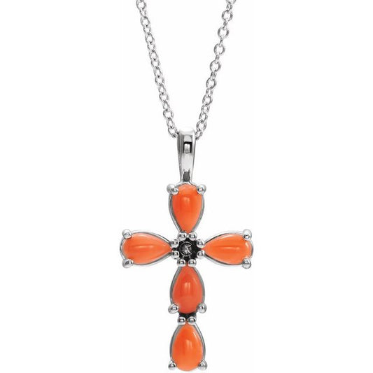 Sterling Silver Natural Pink Coral Cabochon Cross 16-18" Necklace