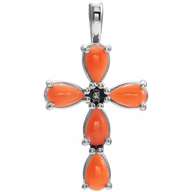 Platinum Natural Pink Coral Cabochon Cross Pendant