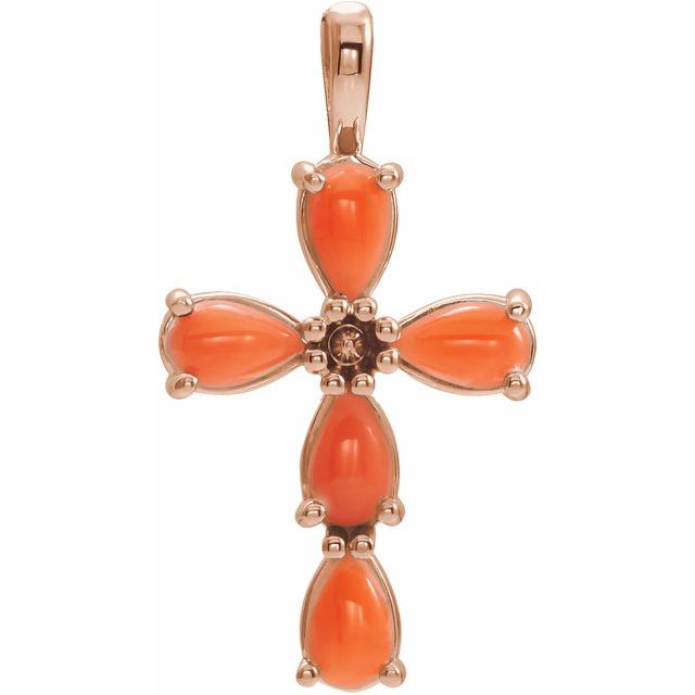 14K Rose Gold Natural Pink Coral Cabochon Cross Pendant