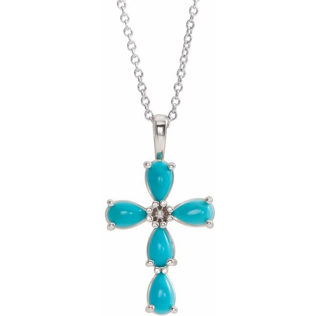 Platinum Natural Turquoise Cabochon Cross 16-18" Necklace
