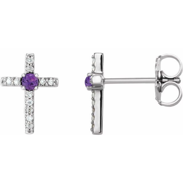 14K White Gold Natural Amethyst & .05 CTW Natural Diamond Cross Earrings