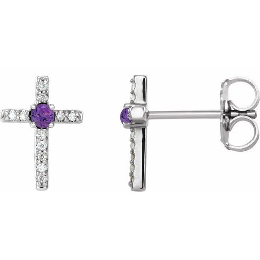 Sterling Silver Natural Amethyst & .05 CTW Natural Diamond Cross Earrings