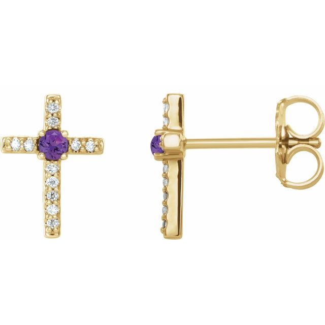 14K Yellow Gold Natural Amethyst & .05 CTW Natural Diamond Cross Earrings