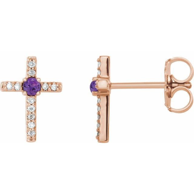 14K Rose Gold Natural Amethyst & .05 CTW Natural Diamond Cross Earrings