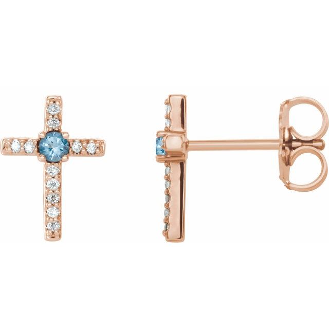 14K Rose Gold Natural Aquamarine & .05 CTW Natural Diamond Cross Earrings