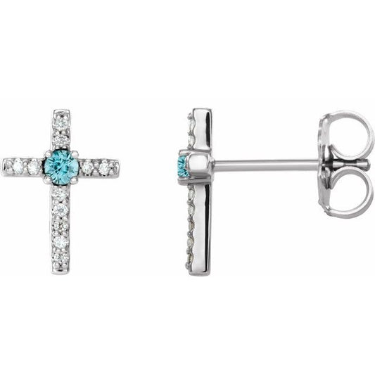 Sterling Silver Natural Blue Zircon & .05 CTW Natural Diamond Cross Earrings