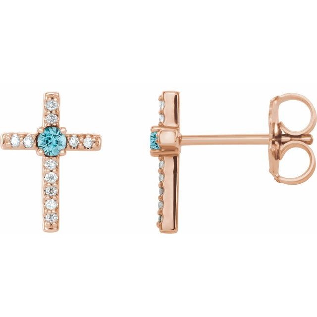 14K Rose Gold Natural Blue Zircon & .05 CTW Natural Diamond Cross Earrings