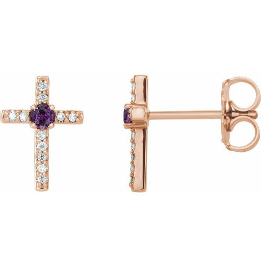 14K Rose Gold Natural Alexandrite & .05 CTW Natural Diamond Cross Earrings