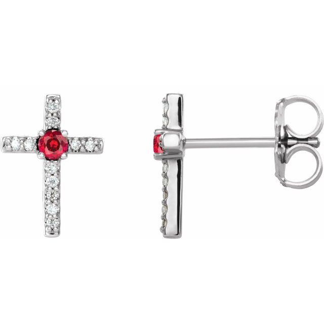 14K White Gold Natural Ruby & .05 CTW Natural Diamond Cross Earrings