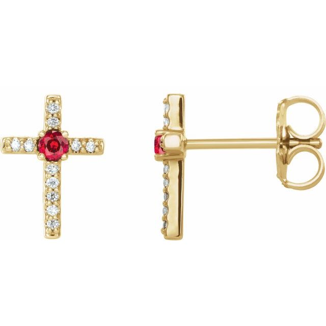 14K Yellow Gold Natural Ruby & .05 CTW Natural Diamond Cross Earrings