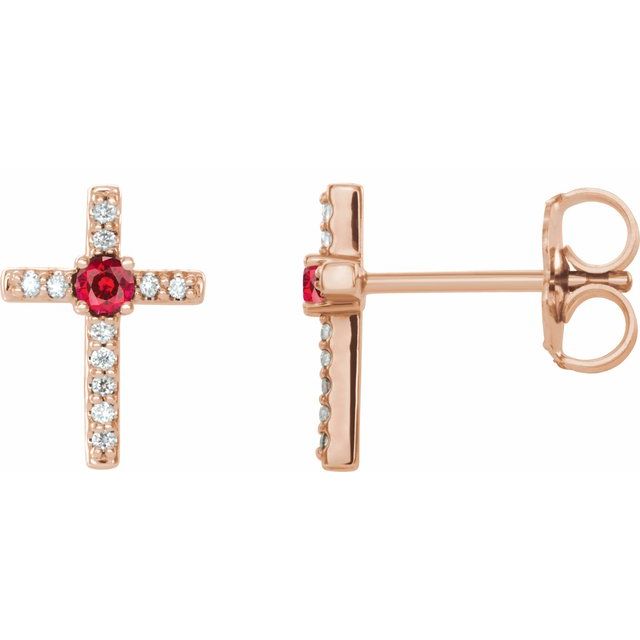 14K Rose Gold Natural Ruby & .05 CTW Natural Diamond Cross Earrings