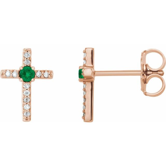 14K Rose Gold Natural Emerald & .05 CTW Natural Diamond Cross Earrings