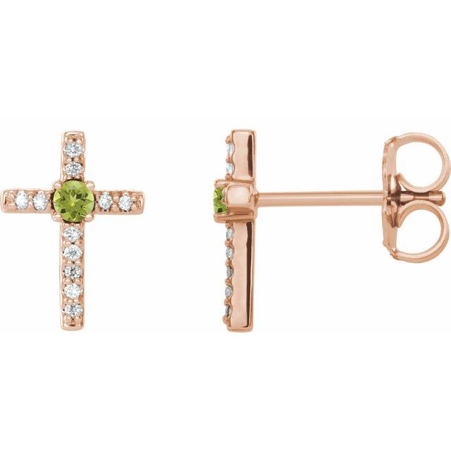 14K Rose Gold Natural Peridot & .05 CTW Natural Diamond Cross Earrings
