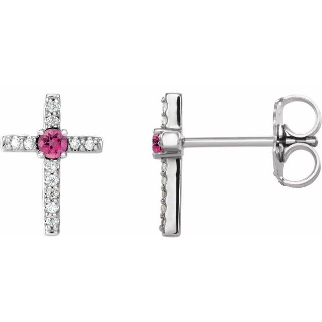 14K White Gold Natural Pink Tourmaline & .05 CTW Natural Diamond Cross Earrings