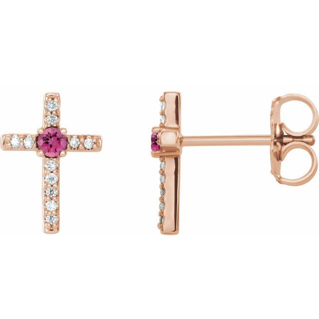 14K Rose Gold Natural Pink Tourmaline & .05 CTW Natural Diamond Cross Earrings