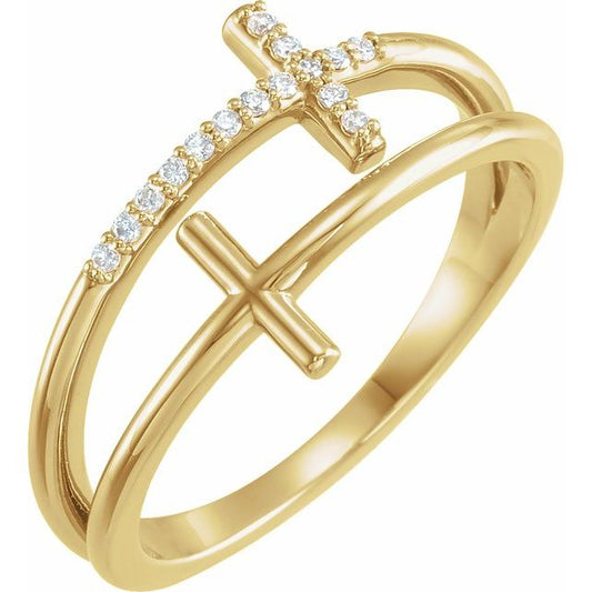 14K Yellow Gold .06 CTW Natural Diamond Sideways Cross Ring