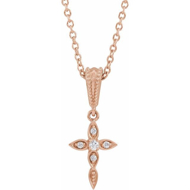 14K Rose Gold .03 CTW Natural Diamond Petite Vintage-Inspired 16-18" Cross Necklace