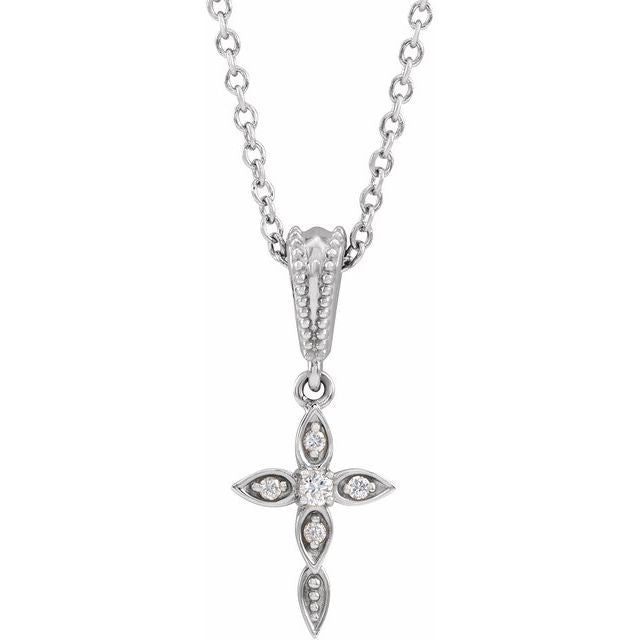 Sterling Silver .03 CTW Natural Diamond Petite Vintage-Inspired 16-18" Cross Necklace