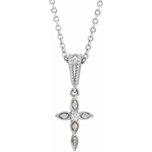 Sterling Silver .03 CTW Natural Diamond Petite Vintage-Inspired 16-18" Cross Necklace