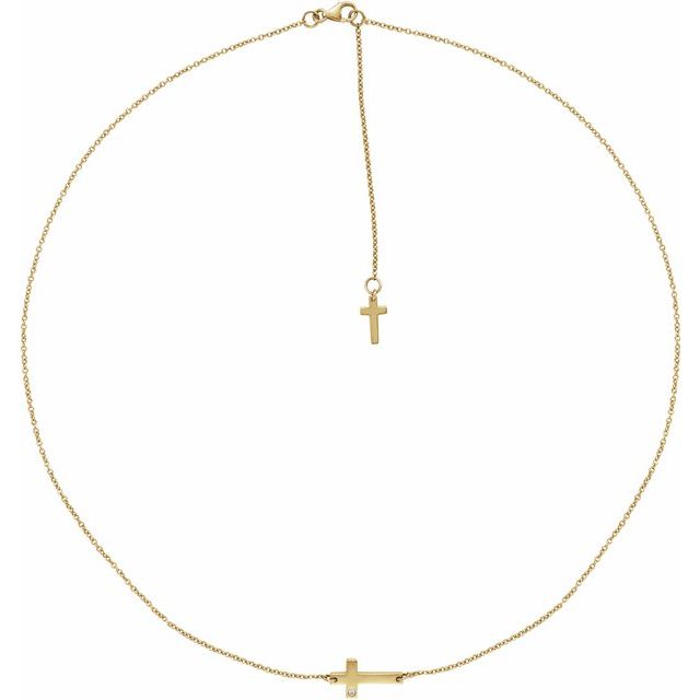 14K Yellow Gold .01 CT Natural Diamond Sideways Cross Necklace