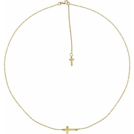 14K Yellow Gold .01 CT Natural Diamond Sideways Cross Necklace