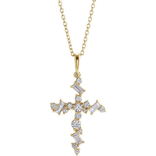 14K Yellow Gold 1/2 CTW Natural Diamond Scattered Cross 16-18" Necklace