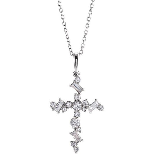 14K White Gold 1/2 CTW Natural Diamond Scattered Cross 16-18" Necklace