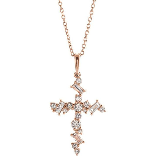 14K Rose Gold 1/2 CTW Natural Diamond Scattered Cross 16-18" Necklace