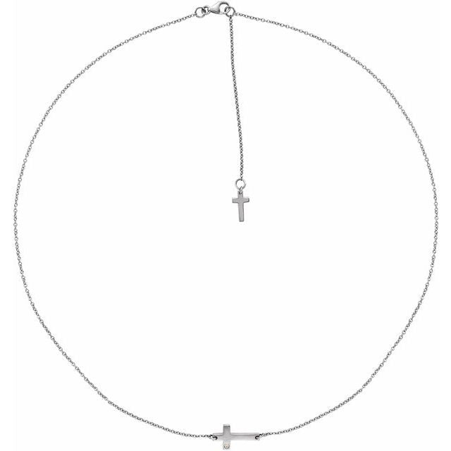 14K White Gold .01 CT Natural Diamond Sideways Cross Necklace